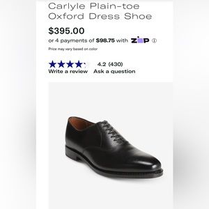 Allen Edmonds "CARLYLE" Men's Leather Plain Toe Oxfords 8 D Black